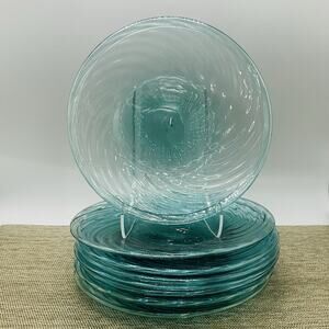 VTG 8 Handblown Glass Pontil Turquoise Peacock Blue Art Glass Salad 8.5” Plates